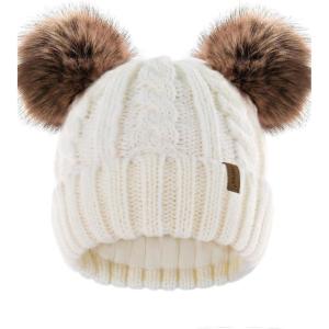 imageFURTALK Toddler Warm Winter Hat Kids Baby Knitted Soft Beanie with Double Faux Fur Pom Poms for Girls BoysCream White