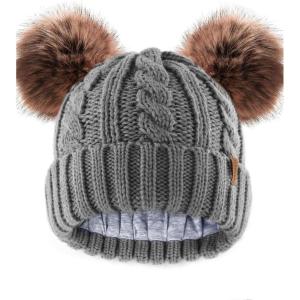 imageFURTALK Toddler Warm Winter Hat Kids Baby Knitted Soft Beanie with Double Faux Fur Pom Poms for Girls BoysGrey