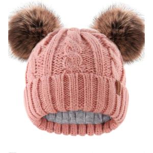 imageFURTALK Toddler Warm Winter Hat Kids Baby Knitted Soft Beanie with Double Faux Fur Pom Poms for Girls BoysPink