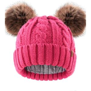 imageFURTALK Toddler Warm Winter Hat Kids Baby Knitted Soft Beanie with Double Faux Fur Pom Poms for Girls BoysRose Red