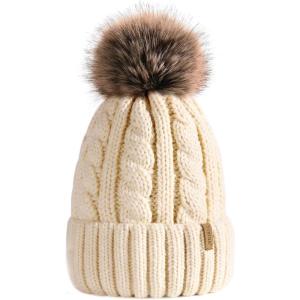 imageFURTALK Winter Beanie Knit Hat for Women Warm Fleece Lined with Faux Fur Pom Poms Womens Thick Ski Hats Knitted Skull CapBeige