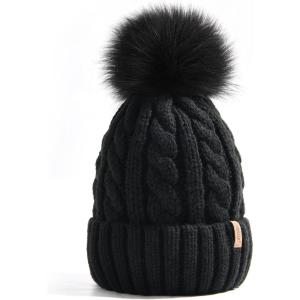 imageFURTALK Winter Beanie Knit Hat for Women Warm Fleece Lined with Faux Fur Pom Poms Womens Thick Ski Hats Knitted Skull CapBlack With Black Pom