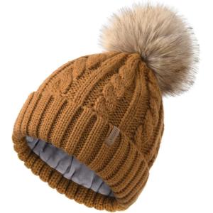 imageFURTALK Winter Beanie Knit Hat for Women Warm Fleece Lined with Faux Fur Pom Poms Womens Thick Ski Hats Knitted Skull CapCaramel