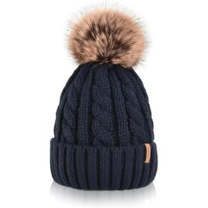 imageFURTALK Winter Beanie Knit Hat for Women Warm Fleece Lined with Faux Fur Pom Poms Womens Thick Ski Hats Knitted Skull CapDark Blue
