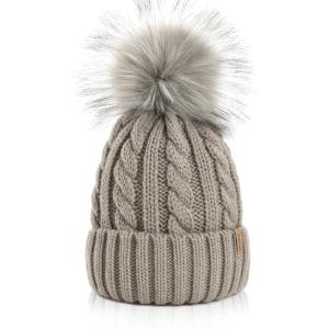 imageFURTALK Winter Beanie Knit Hat for Women Warm Fleece Lined with Faux Fur Pom Poms Womens Thick Ski Hats Knitted Skull CapFog Gray With Gray Pom
