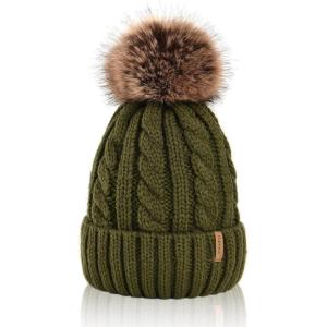 imageFURTALK Winter Beanie Knit Hat for Women Warm Fleece Lined with Faux Fur Pom Poms Womens Thick Ski Hats Knitted Skull CapGreen