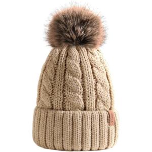 imageFURTALK Winter Beanie Knit Hat for Women Warm Fleece Lined with Faux Fur Pom Poms Womens Thick Ski Hats Knitted Skull CapKhaki