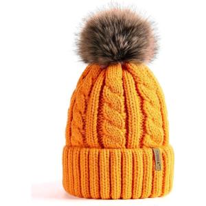 imageFURTALK Winter Beanie Knit Hat for Women Warm Fleece Lined with Faux Fur Pom Poms Womens Thick Ski Hats Knitted Skull CapOrange