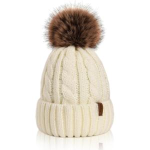 imageFURTALK Winter Beanie Knit Hat for Women Warm Fleece Lined with Faux Fur Pom Poms Womens Thick Ski Hats Knitted Skull CapWhite