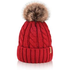 imageFURTALK Winter Beanie Knit Hat for Women Warm Fleece Lined with Faux Fur Pom Poms Womens Thick Ski Hats Knitted Skull CapWine Red