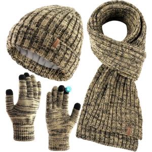 imageFURTALK Winter Warm Beanie Knit Hat Touchscreen Gloves Scarf Set Soft Fleece Lined Double Layer Skull Cap Gifts for Women3 Tone BeigeBlack Mix