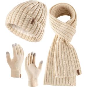 imageFURTALK Winter Warm Beanie Knit Hat Touchscreen Gloves Scarf Set Soft Fleece Lined Double Layer Skull Cap Gifts for WomenBeige