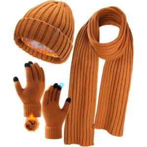 imageFURTALK Winter Warm Beanie Knit Hat Touchscreen Gloves Scarf Set Soft Fleece Lined Double Layer Skull Cap Gifts for WomenCaramel