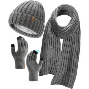 imageFURTALK Winter Warm Beanie Knit Hat Touchscreen Gloves Scarf Set Soft Fleece Lined Double Layer Skull Cap Gifts for WomenDark Grey