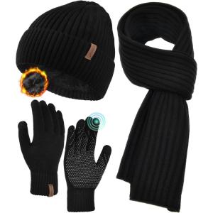 imageFURTALK Winter Warm Knit Beanie Hat Long Scarf Touchscreen Gloves Set Fleece Lined Skull Cap for Men WomenBlack