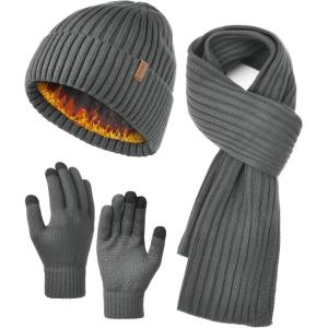 imageFURTALK Winter Warm Knit Beanie Hat Long Scarf Touchscreen Gloves Set Fleece Lined Skull Cap for Men WomenGrey