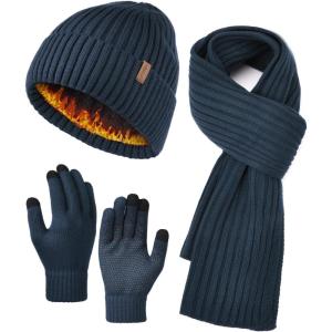 imageFURTALK Winter Warm Knit Beanie Hat Long Scarf Touchscreen Gloves Set Fleece Lined Skull Cap for Men WomenNavy Blue