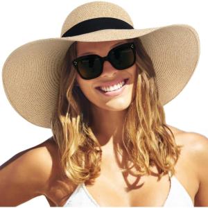imageFURTALK Womens Beach Sun Straw Hat UV UPF 80 Travel Foldable Brim Summer UV HatAamixed Beige