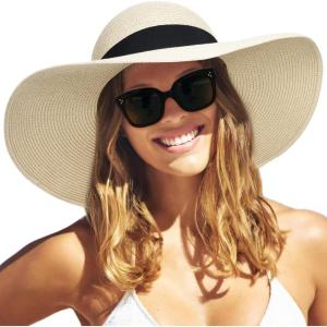 imageFURTALK Womens Beach Sun Straw Hat UV UPF 80 Travel Foldable Brim Summer UV HatAcbeige