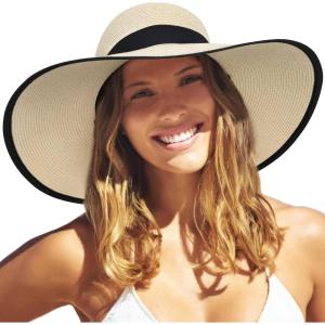 imageFURTALK Womens Beach Sun Straw Hat UV UPF 80 Travel Foldable Brim Summer UV HatBeige With Black Brim