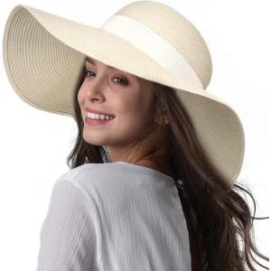 imageFURTALK Womens Beach Sun Straw Hat UV UPF 80 Travel Foldable Brim Summer UV HatBeigebeige