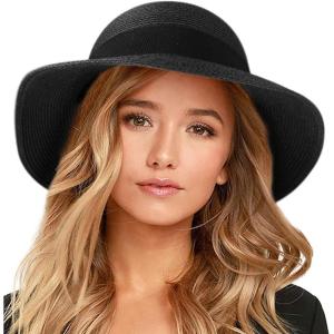 imageFURTALK Womens Beach Sun Straw Hat UV UPF 80 Travel Foldable Brim Summer UV HatBlack