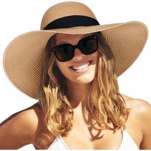 imageFURTALK Womens Beach Sun Straw Hat UV UPF 80 Travel Foldable Brim Summer UV HatKhaki