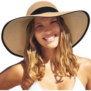 imageFURTALK Womens Beach Sun Straw Hat UV UPF 80 Travel Foldable Brim Summer UV HatKhakiBlack