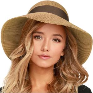 imageFURTALK Womens Beach Sun Straw Hat UV UPF 80 Travel Foldable Brim Summer UV HatKhakideep Coffee