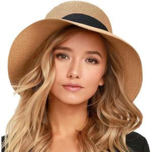 imageFURTALK Womens Beach Sun Straw Hat UV UPF 80 Travel Foldable Brim Summer UV HatPure Khaki