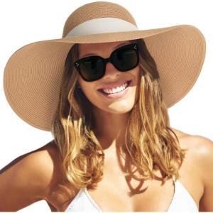 imageFURTALK Womens Beach Sun Straw Hat UV UPF 80 Travel Foldable Brim Summer UV HatPure Khakibeige