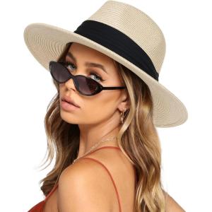 imageFURTALK Womens Mens Wide Brim Straw Panama Hat Fedora Summer Beach Sun Hats UPF Straw Hat for WomenAbbeige