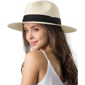 imageFURTALK Womens Mens Wide Brim Straw Panama Hat Fedora Summer Beach Sun Hats UPF Straw Hat for WomenAccream White