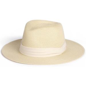 imageFURTALK Womens Mens Wide Brim Straw Panama Hat Fedora Summer Beach Sun Hats UPF Straw Hat for WomenBeigewhite