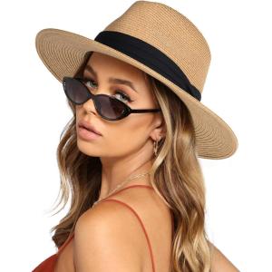 imageFURTALK Womens Mens Wide Brim Straw Panama Hat Fedora Summer Beach Sun Hats UPF Straw Hat for WomenKhaki