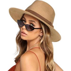 imageFURTALK Womens Mens Wide Brim Straw Panama Hat Fedora Summer Beach Sun Hats UPF Straw Hat for WomenKhakiBrown