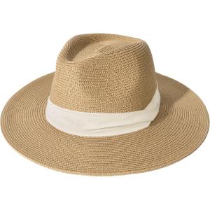 imageFURTALK Womens Mens Wide Brim Straw Panama Hat Fedora Summer Beach Sun Hats UPF Straw Hat for WomenKhakibeige