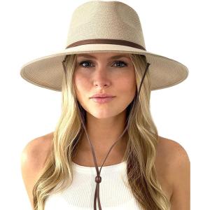 imageFURTALK Womens Summer Straw Sun Hats Wide Brim Panama Fedora Beach Hat with Wind Lanyard UPF 80Beige