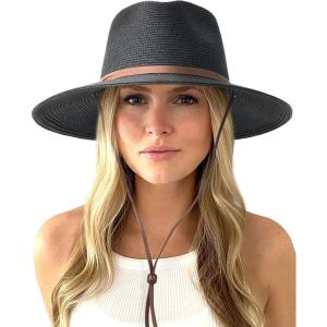 imageFURTALK Womens Summer Straw Sun Hats Wide Brim Panama Fedora Beach Hat with Wind Lanyard UPF 80Black