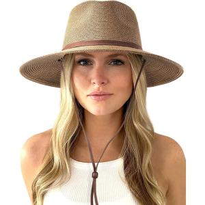 imageFURTALK Womens Summer Straw Sun Hats Wide Brim Panama Fedora Beach Hat with Wind Lanyard UPF 80Coffee Brown