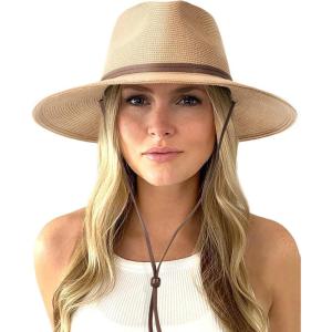 imageFURTALK Womens Summer Straw Sun Hats Wide Brim Panama Fedora Beach Hat with Wind Lanyard UPF 80Khaki