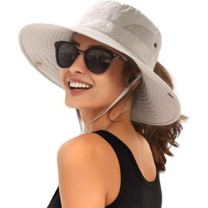 imageFURTALK Womens Sun Hat with Ponytail Hole Beach Hiking Summer Wide Brim UPF 80 Outdoor Protection Foldable Bucket HatBeige