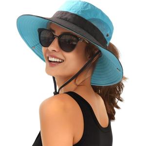 imageFURTALK Womens Sun Hat with Ponytail Hole Beach Hiking Summer Wide Brim UPF 80 Outdoor Protection Foldable Bucket HatBlue