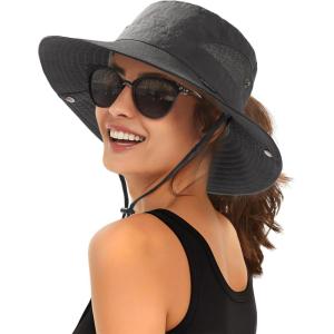 imageFURTALK Womens Sun Hat with Ponytail Hole Beach Hiking Summer Wide Brim UPF 80 Outdoor Protection Foldable Bucket HatDark Grey