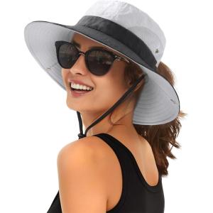 imageFURTALK Womens Sun Hat with Ponytail Hole Beach Hiking Summer Wide Brim UPF 80 Outdoor Protection Foldable Bucket HatGrey