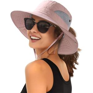 imageFURTALK Womens Sun Hat with Ponytail Hole Beach Hiking Summer Wide Brim UPF 80 Outdoor Protection Foldable Bucket HatPink