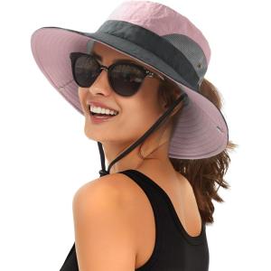 imageFURTALK Womens Sun Hat with Ponytail Hole Beach Hiking Summer Wide Brim UPF 80 Outdoor Protection Foldable Bucket HatPinkgrey