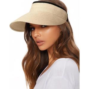 imageFURTALK Womens Sun Visor Hat Straw Sun Visors for Women Summer Packable Ponytail Beach Hats for Women Travel UPF 80A Beige