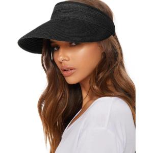 imageFURTALK Womens Sun Visor Hat Straw Sun Visors for Women Summer Packable Ponytail Beach Hats for Women Travel UPF 80A Black