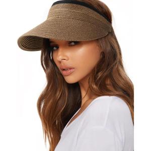 imageFURTALK Womens Sun Visor Hat Straw Sun Visors for Women Summer Packable Ponytail Beach Hats for Women Travel UPF 80Brown
